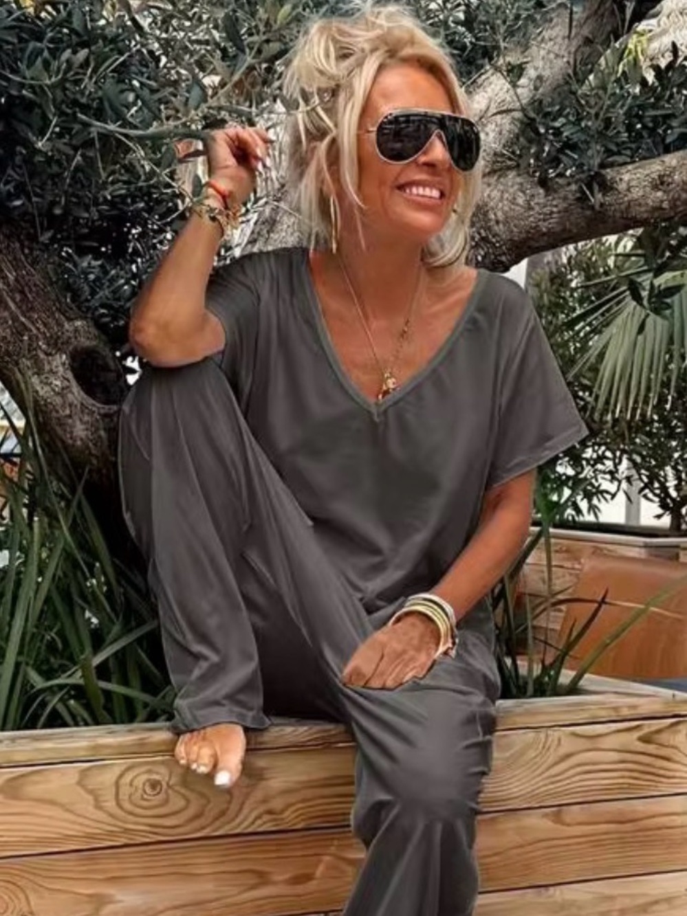 Casual V-Neck Jumpsuit in Charcoal Gray
